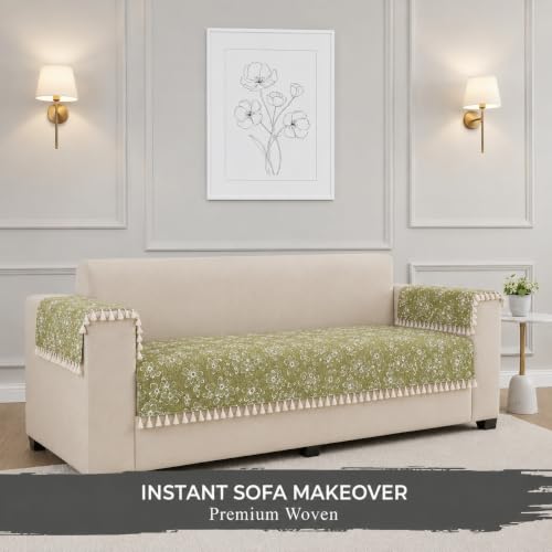Image of STITCHNEST Woven Fabric Sofa Cover 1 Seater with 2 Hand Rest Covers - Washable Green Sofa Cover with Tassels - Durable Premium Fabric - Stylish Sofa Protector for Living Room & Furniture Decor