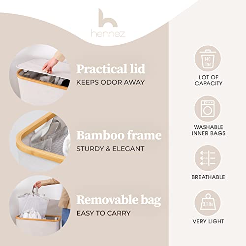 HENNEZ 141L Bamboo Beige Laundry Basket with Lid, Laundry Bin With Removable Bags, Double Laundry Basket With Handles - Image 2