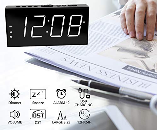 Alarm Clocks for Bedrooms LED Digital Clock Bedside Alarm Clock for Heavy Sleepers Dual Clock with USB Charger, Large White Digit Display, Big Easy Set Full Range Brightness Dimmer¡