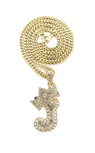Fashion 21 Iced Out Crown Tilted Bubble Initial Letter Pendant 24" Cuban Chain Necklace in Gold, Silver Tone (Gold/J)