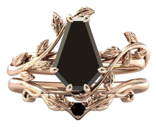 Coffin Shape Black Onyx Natural Gemstone Ring, Unique 2pcs Bridal 925 Sterling Silver Ring For Her2