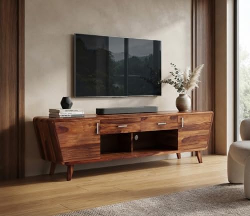 Image of Premium Solid Sheesham Wood TV Unit for Living Room - 2 Drawers, 2 Shelves, and 2-Door Storage - Fits up to 60-Inch TV (Carvel, Honey Finish)