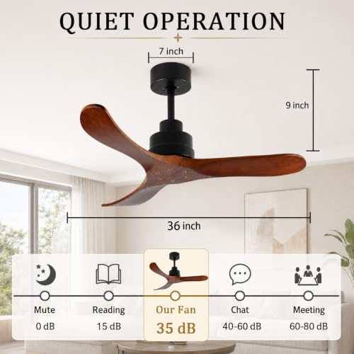 Wood Ceiling Fan Without Light, Quiet Reversible DC Motor, Remote (Brown)