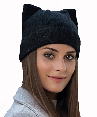 Penny's Women Cat Ear Beanie Hat Wool Braided Knit Trendy Winter Warm Cap Black One Size #TOP4