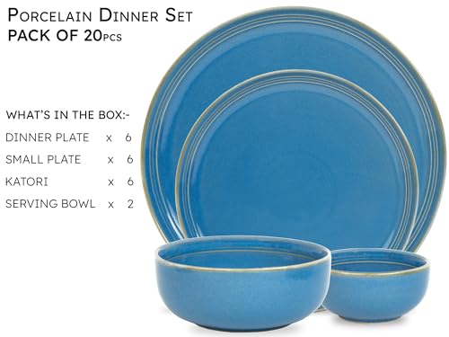 Image of Bodhi House Handcrafted Chip Resistance Porcelain Dinner Set, 20 Pieces Dish Set Serving for 6, Microwave and Dishwasher Safe, Bone-ash Free, Crockery Set for Dining and Gifting, Mid Blue