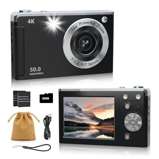 4K Digital Camera for Photography Autofocus,16X Zoom, 50MP Portable Compact Point and Shoot Digital Camera,Compact Travel Cameras for Beginners with 32GB Card, 2 Batteries, Black