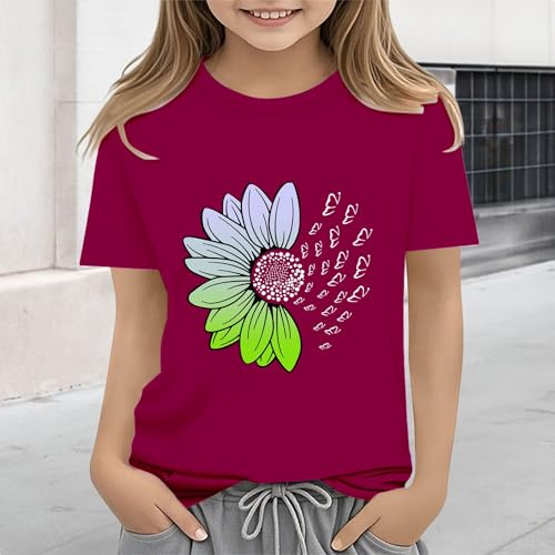 Girls Loose Fit Sunflower Graphic T Shirts Short Sleeve Crewneck Cute Pattern Printed Tops Kids (D-Wine, 2-3 Years)4