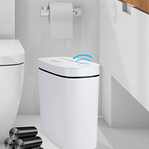 Bathroom Trash Cans with Lids, Touchless Trash Bin, 3.1 Gallon Slim Plastic Narrow Waterproof Motion Sensor Garbage Can,Dog Proof Covered Wastebasket for Office, Bedroom, Toilet, Kitchen, RV (White)