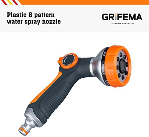GRIFEMA GE1303 Spray Gun, 8 Adjustable Patterns, High Pressure Hose Spray Gun with Thumb Switch for Lawn Watering, Car Washing, Pet Shower, Orange/Black [Amazon Exclusive]