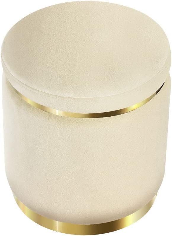 Image of Velvet Puffy Ottoman Stool, Round Footrest with Diamond Quilting and Gold Base, Grey, for Living Room, Bedroom and Dressing Area Grey (Cream)