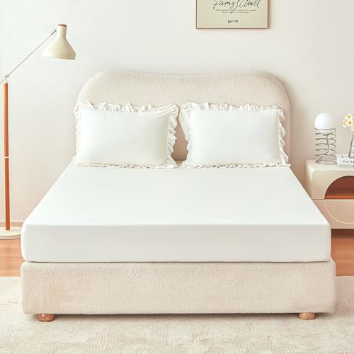 NERUS 正規品 ボックスシーツ + 枕カバー 2点セット ボックスシーツ ベッドシーツ シンプル 無地 韓国 おしゃれ かわいい (アイボリー, シングル)