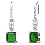 18K White Gold Plated Sterling Silver Asscher Cut Cubic Zirconia Dangle Earrings for Women Square CZ Diamond Drop Dangling Earrings for Women Mom (Emerald)