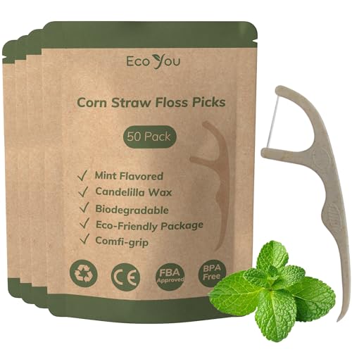 EcoYou Biodegradable Floss Picks – 200 Count | Mint Dental Floss Sticks with Candelilla Wax | Eco-Friendly Teeth Cleaning