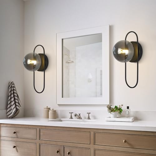 Image of Black Globe Wall Sconce Mid Century Modern Bathroom Vanity Light Fixture Small Black and Glass Wall Mounted Light Vintage Hallway Sconces Wall Lighting (2 Pack)