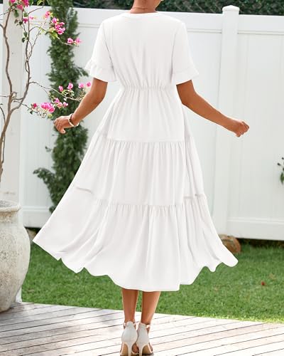 BTFBM Summer Dresses for Women 2025 Vacation V Neck Loose Short Sleeve A Line Tiered Flowy Casual Midi Beach Dress3