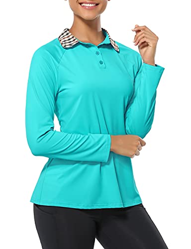 Koralhy Tennis Polo Shirts For Women, Winter Colourful Classic Fit Long Sleeve Buttons Upf 50+ Sun Protection Fitness Workout Cycling Sports Spf T-Shirt Blue Large #TOP2