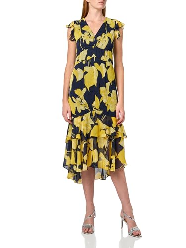 Image of Tommy Hilfiger Women's Flutter Sleeve V-Neck Ruffle Trim Hi-Lo Midi Dress