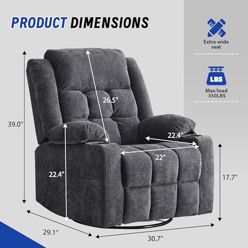 Image of Power Swivel Rocker Recliner Chair with Massage and Heat for Adults,Electric Glider Reclining Single Sofa Chair for Living Room,USB & Type-C Charging Ports, Infinite Position,Dark Gary