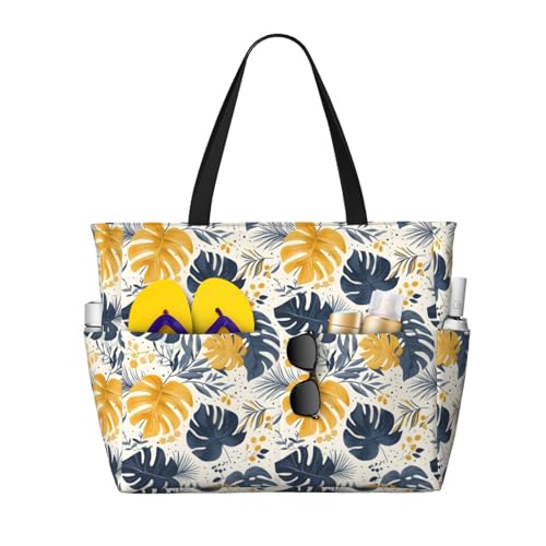 Large Beach Bags for Women Sandproof - Gold Leaves Print Summer Travel Work Tote Bags with Zipper