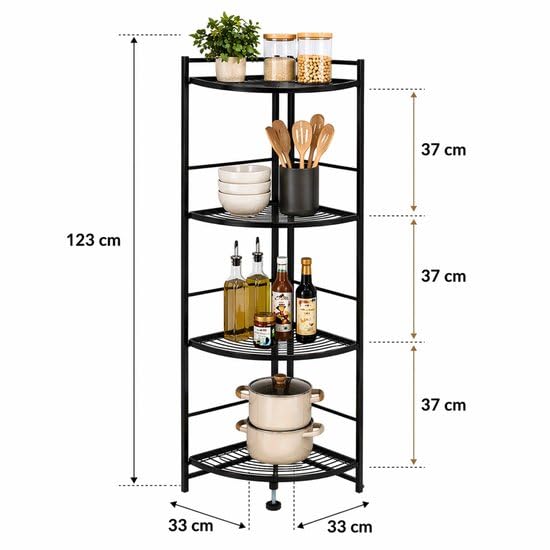 Eckregal 4 Einlegeböden – Metall Eckregal 123 cm hoch – Platzsparendes Regal für Küche, Bad oder Wohnzimmer – Schwarz