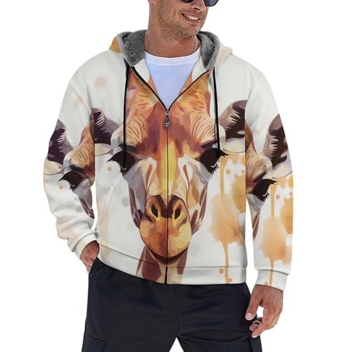 Sweat à capuche zippé en polaire homme avec motif original de girafe dessin animé aquarelle