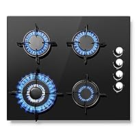 SNDOAS Gas Hob 4 Burners, NG/LPG Convertible, Built-in 60cm Black Glass Gas Hob with Wok Burner, Flame Failure Protection, 8000W