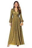RIHBTESQ V Neck Long Sleeve Evening Party Dresses Metallic for Women Glitter Tulle Ruffles Pleated A Line Slit Prom Dresses Long with Pockets 10