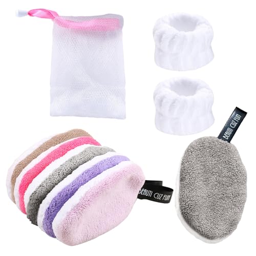SPOKKI 5Pcs Cotons Démaquillants Lavables + 2Pcs Bracelets de Lavage de Visage, Coton Demaquillant Reutilisable avec sac lavage maille, Pads Demaquillants Lavables Double Face pour Tous Types de Peau