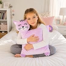LUNAMIRA Kids Cat Plush Pillow Cute Bedroom Decor Throw Pillow & Movie-Night Buddy, Cuddle Sleeping Pillow, Soft Travel Pillow, Washable Cover, 16x14 Birthday for Kids