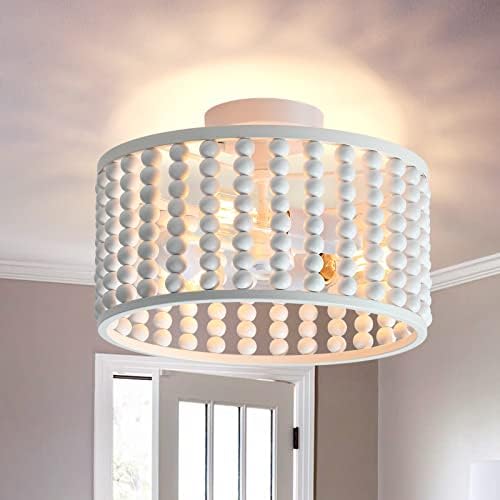 YAO BANG Bohemia Wood Bead Chandelier,Semi Flush Mount Boho Nursery Ceiling Light Fixture Rustic E26 White Finishing for Bedroom, Nursery Room, Girl Room, Entryway, Passway, Dining Room,3-Light