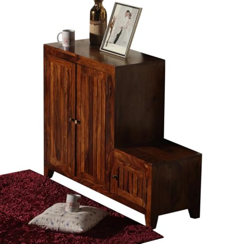 Image of Solid Sheesham Wood Shoe Rack Wooden with Seating 3 Doors | Multipurpose Shoe Rack Stand Storage Cabinet Organizer for Home, Office, Entryway, Hallway & Living Room, Bedroom | Natural Finish
