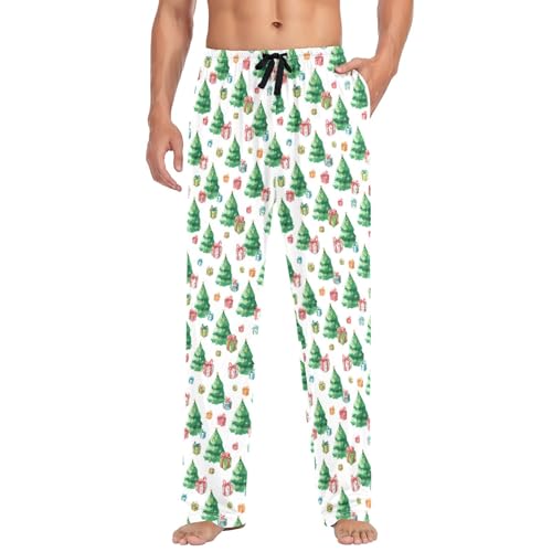 Mens Cotton Pajama Pants Sleep Lounge Pj Bottoms Sleepwear with Pockets Drawstring S Christmas Tree with Gift