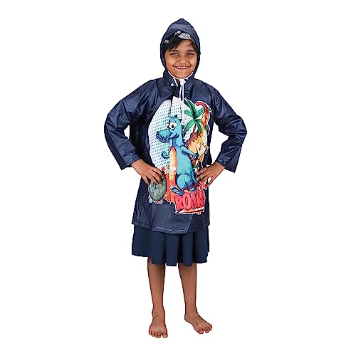 Image of THE CLOWNFISH Toon Caper Series Kid's Waterproof PvcLong Length Coat With Adjustable Hood & Extra Space For Backpack /Schoolbag Holding. Printed Plastic Pouch.