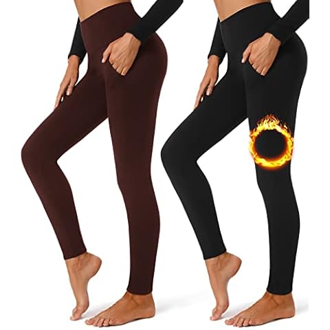 FULLSOFT 2 Pack Fleece Lined Leggings with Pockets for Women High Waisted Thermal Winter Yoga Pants for Workout Running, Black,brown(2 Pack), Small / Medium Cover