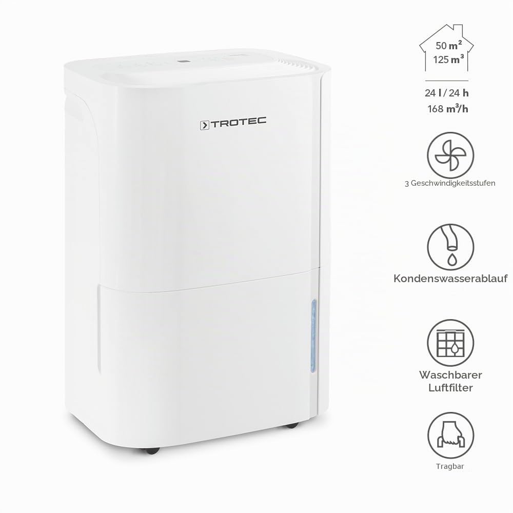 TROTEC Luftentfeuchter elektrisch TTK 66 E – Leistung 24 L/Tag – Fläche 50 m² / 125 m³ – mit Autoabschaltung – für Wohnung und Schlafzimmer