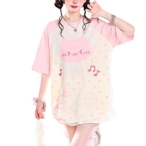 Cuteighteen Tops de verano para adolescentes, ropa Cutecore para mujer, camisetas japonesas Kawaii con gráficos de gatos, camisetas divertidas de gran tamaño, camisetas casuales, Rosa, S