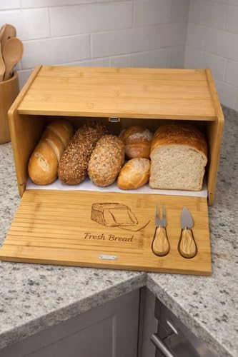 Bambu Ekmek Kutusu, Doğal Bambu Malzeme, Sürgülü Kapak, Kesim Panolu Dekoratif Tasarım, 40x25x15 cm, Dikdörtgen