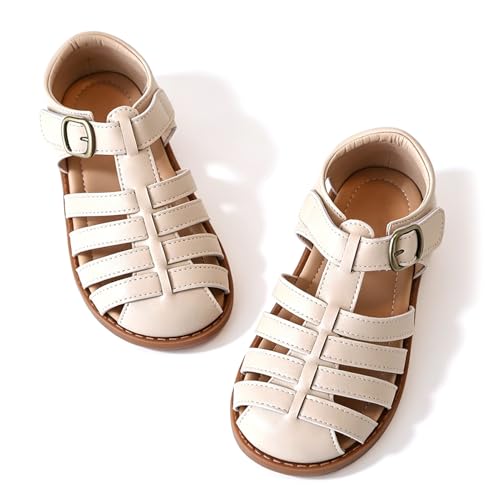 Image of Toddler Girl Sandals with Flower, ‌Breathable Leather kids Closed Toe Sandals, Soft Rubber Non-Slip Summer Shoes for Little Girls 2-7 Years