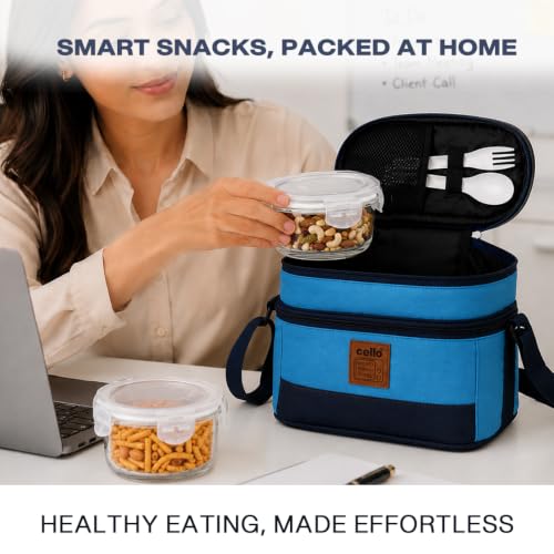 Image of CELLO All Day Meal Glass Lunch Box for Office Use Sky Blue | 2 x 320ml Square, 1 x 240ml Round, 130ml Oval Containers with Spoon & Fork, Leadfree Leak Proof Airtight Glass Tiffin Box Set for Travel