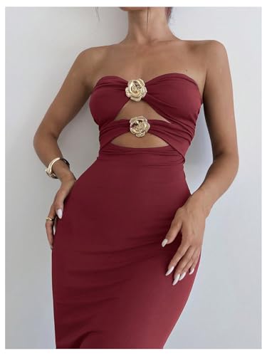 Image of Milumia Women's Metal Decor Cut Out Strapless Bodycon Maxi Dress Fishtail Tube Top Dresses Party Cocktail
