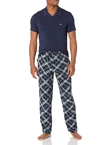 Emporio Armani Polo Shirt & Long Trousers Fluid Viscose Pyjama Set Ensemble, Marine/Steel Check, S Homme