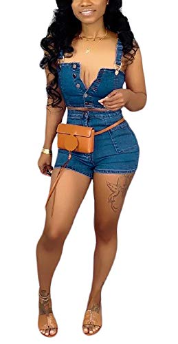 Women Adjustable Strap Denim Tank Crop Top Short Pants Set 2 Piece Club Outfits with Pocket