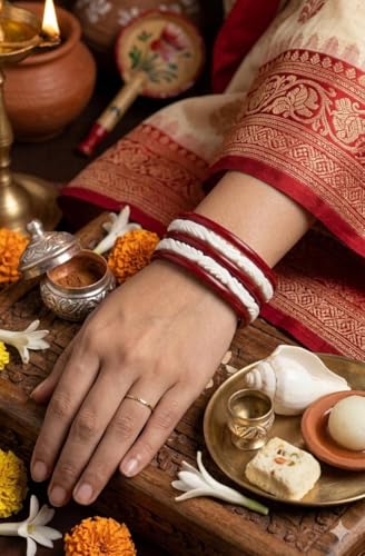 Image of HAPPYCRAFT Shell Shakha Pola Bangles for Married Women - (Pack of 4) | Traditional Bengali Shankha Pola Set in Red and White | Ethnic Bangles for Daily Puja Rituals Festivals Ceremonies