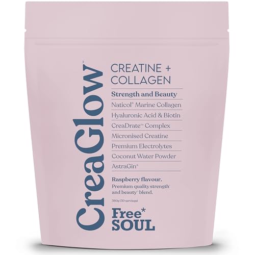 CreaGlow™ Naticol Marine Collagen + Creatine Monohydrate + Electrolytes Powder | Glow & Strength All in 1 with Magnesium, Vitamin C, Biotin & Hyaluronic Acid | Raspberry Flavoured | Free Soul