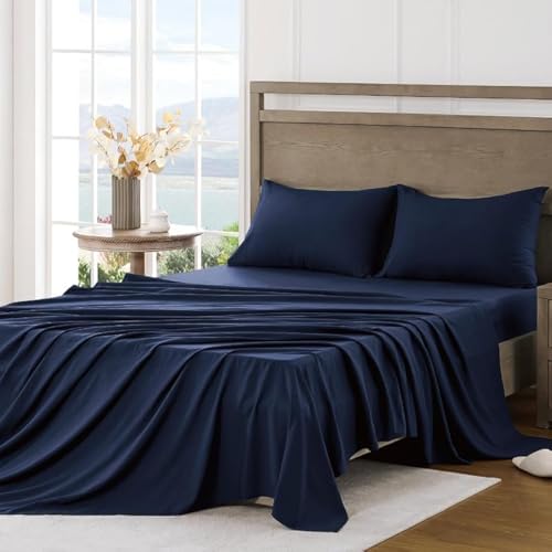 FreshCulture Queen Sheet Set - Ultra Soft Sheets for Queen Size Bed - Brushed Microfiber - Deep Pockets - Easy Care - Cooling & Breathable - 4 Pieces Hotel Luxury Queen Bed Sheets (Navy Blue)