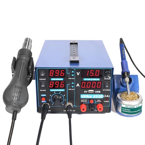 Image of YIHUA 853D 2A USB Professional Soldering Rework and Power Supply Station bundle with 17.32 inch x 12.20 inch M180 Electronic Repair Mat with Iron Holder, Soldering Cleaning Kit, and Accessories (26 Items)