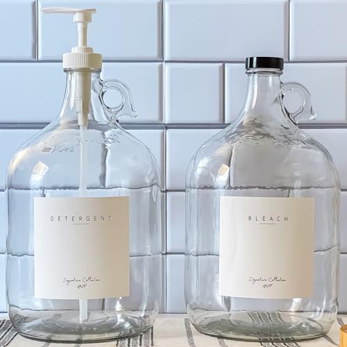 Image of Laundry Detergent Dispenser for Laundry Room - Two One Gallon Glass Jugs with White Liquid Pumps, Fabric Softener, Liquid Soap Dispenser or Bleach, 128 oz - Includes 4 Labels