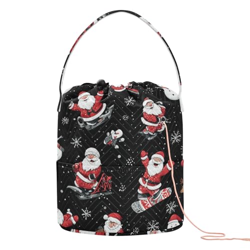 Image of ElliTarr Crochet Bag Yarn Bag with Handle Portable Knitting Project Bag Travel Yarn Storage Organizer Holder Case Black Santa Claus Snowmen Deer