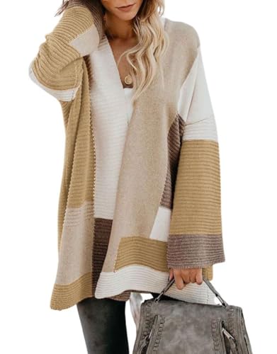 Image of chouyatou Women's Fall Geometric Color Block Open Front Cardigan Sweater Elegant Casual Oversized Coatigan Coat
