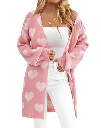 Libsorge Womens Valentine Heart Cardigan Sweater 2026 Valentines Day Trendy Cute Oversized Long Sleeve Cardigans Shrimp Pink-Cream White Heart L